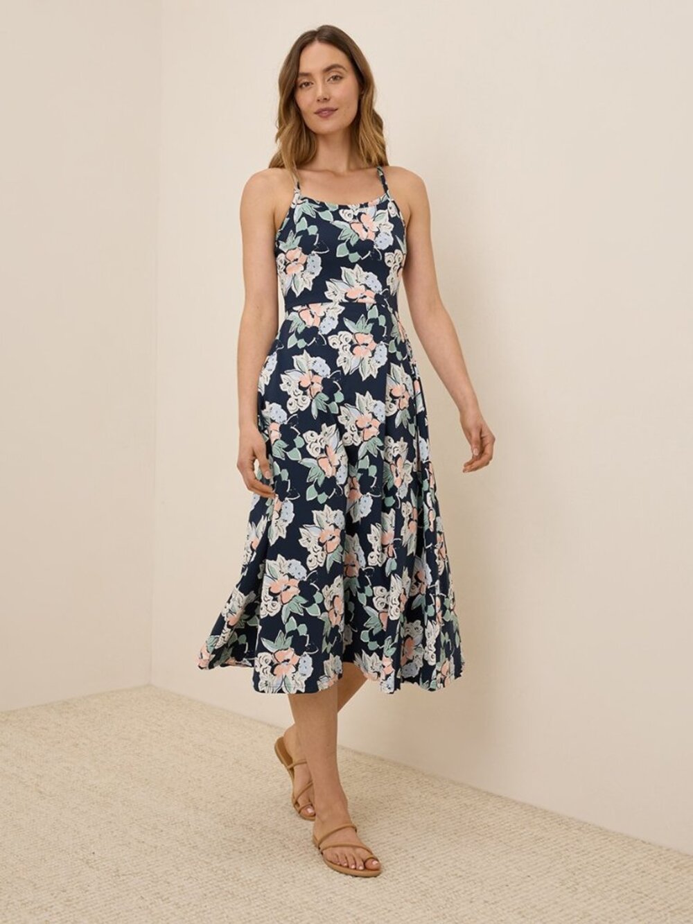 Pact Organic Fit & Flare Midi Dress XS Short Fresh Flora Midnight Blue